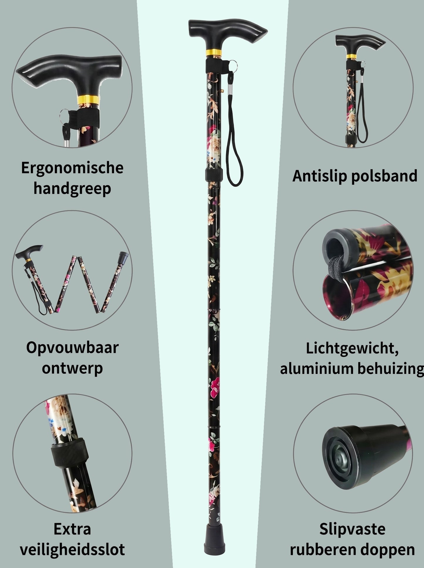 Luxury Folding Walking Cane "Black Flowers" - Adjustable & Lightweight Aluminum