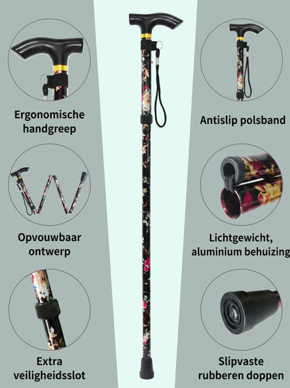 Luxury Folding Walking Cane "Black Flowers" - Adjustable & Lightweight Aluminum