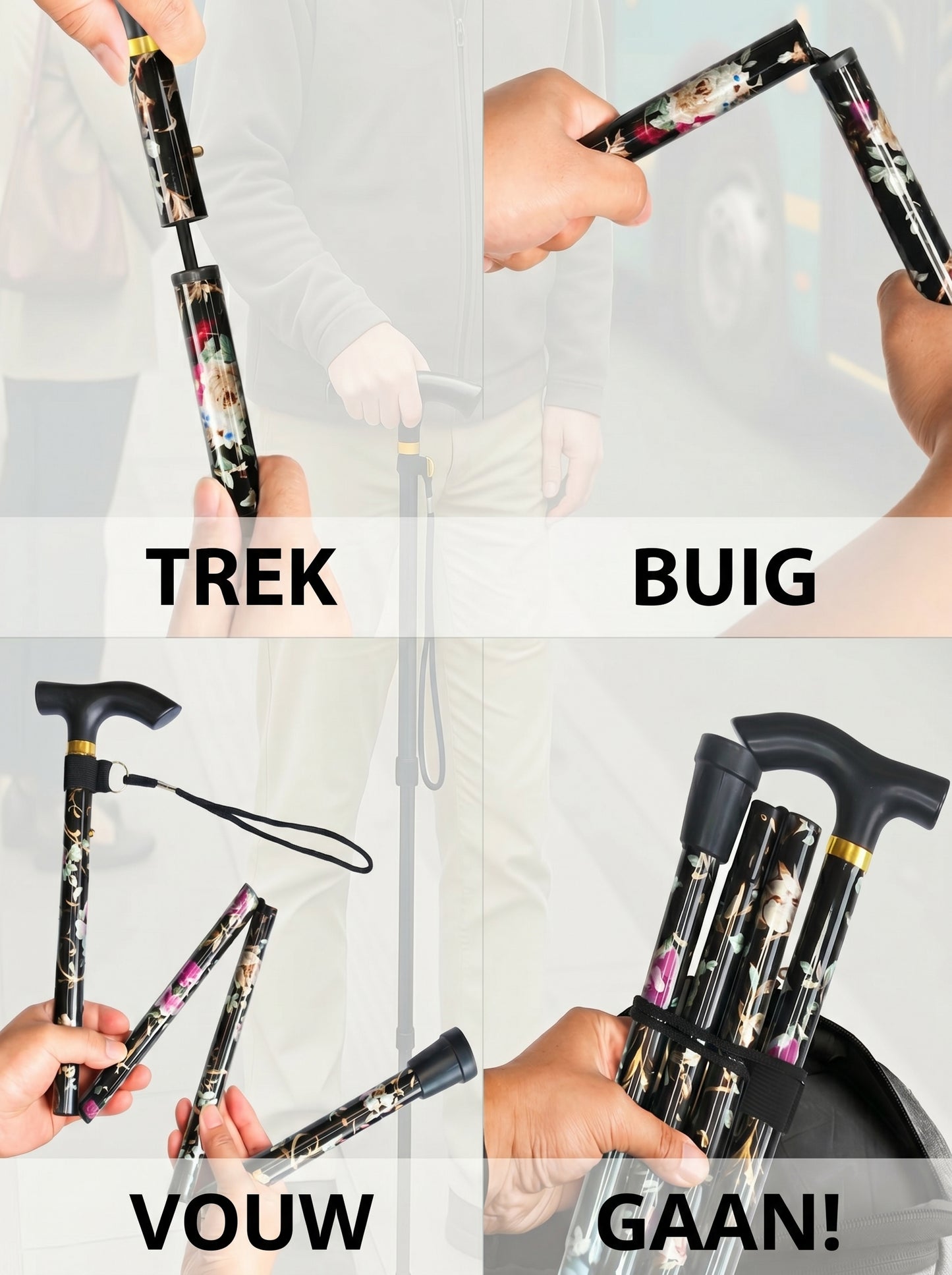 Luxury Folding Walking Cane "Black Flowers" - Adjustable & Lightweight Aluminum
