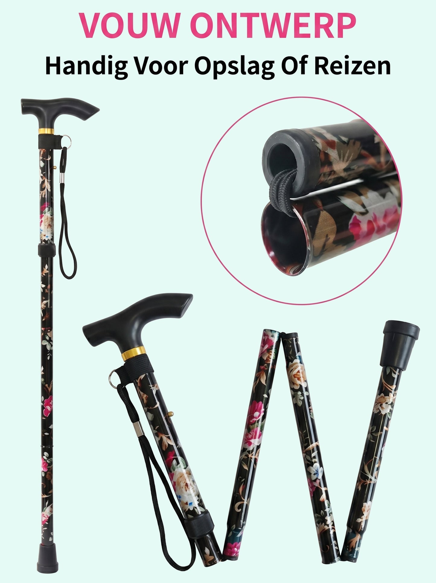 Luxury Folding Walking Cane "Black Flowers" - Adjustable & Lightweight Aluminum