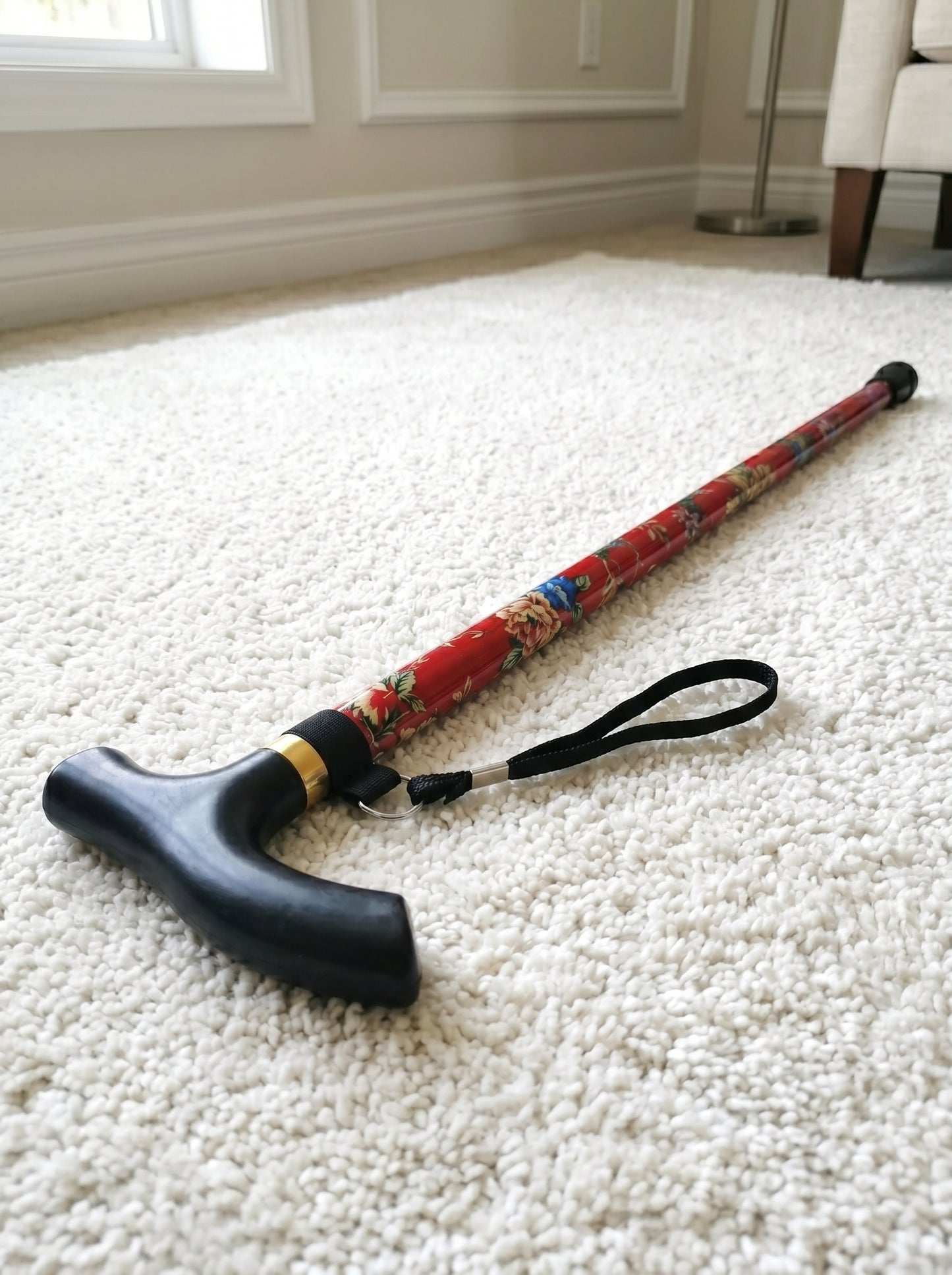 Luxury Folding Walking Cane "Red Flowers" - Adjustable & Lightweight Aluminum