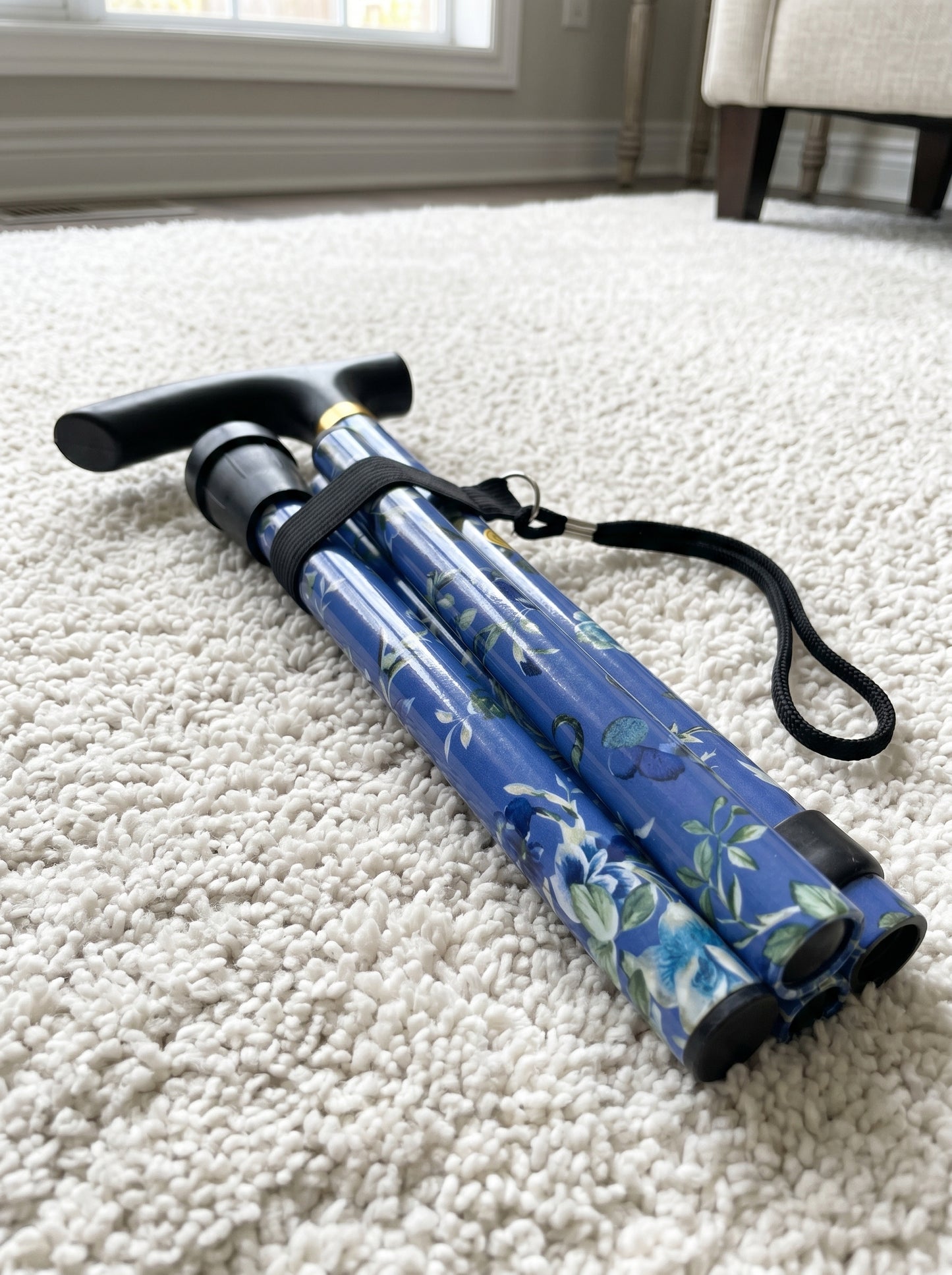 Luxe Opvouwbare Wandelstok "Blauwe Bloemen" - Verstelbaar & Lichtgewicht Aluminium