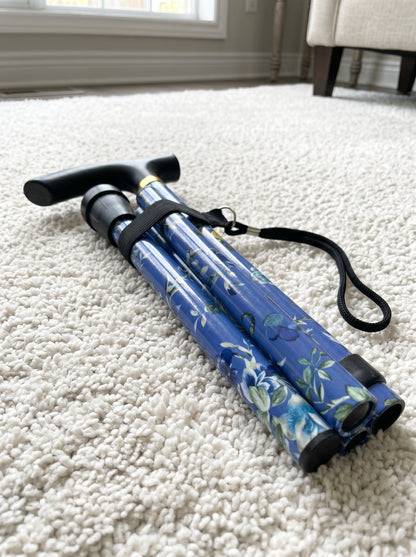 Luxe Opvouwbare Wandelstok "Blauwe Bloemen" - Verstelbaar & Lichtgewicht Aluminium
