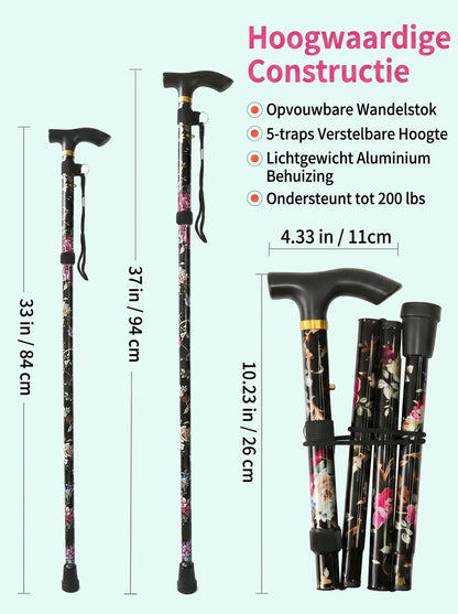 Luxury Folding Walking Cane "Black Flowers" - Adjustable & Lightweight Aluminum