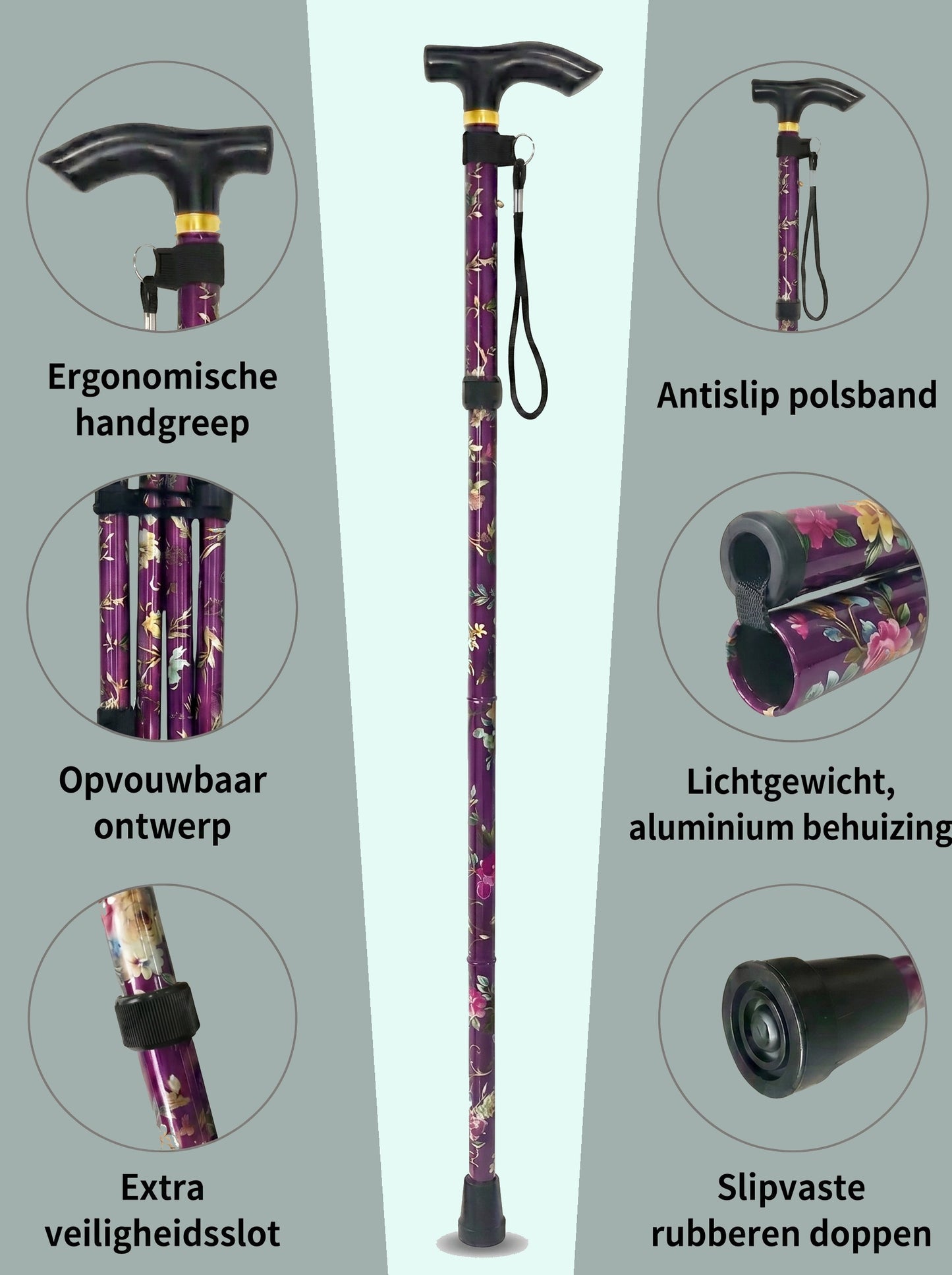 Luxury Folding Walking Cane "Purple Flowers" - Adjustable & Lightweight Aluminum