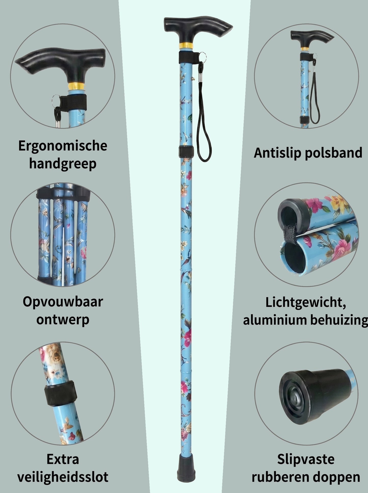 Luxury Folding Walking Cane "Blue Flowers" - Adjustable & Lightweight Aluminum