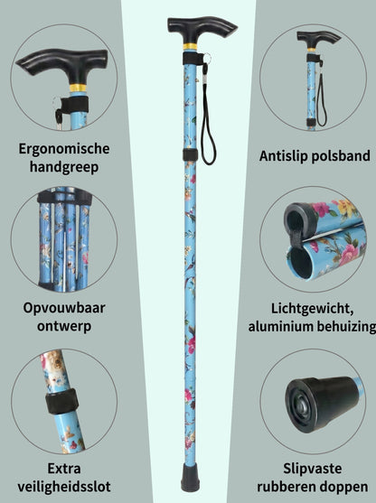 Luxury Folding Walking Cane "Blue Flowers" - Adjustable & Lightweight Aluminum