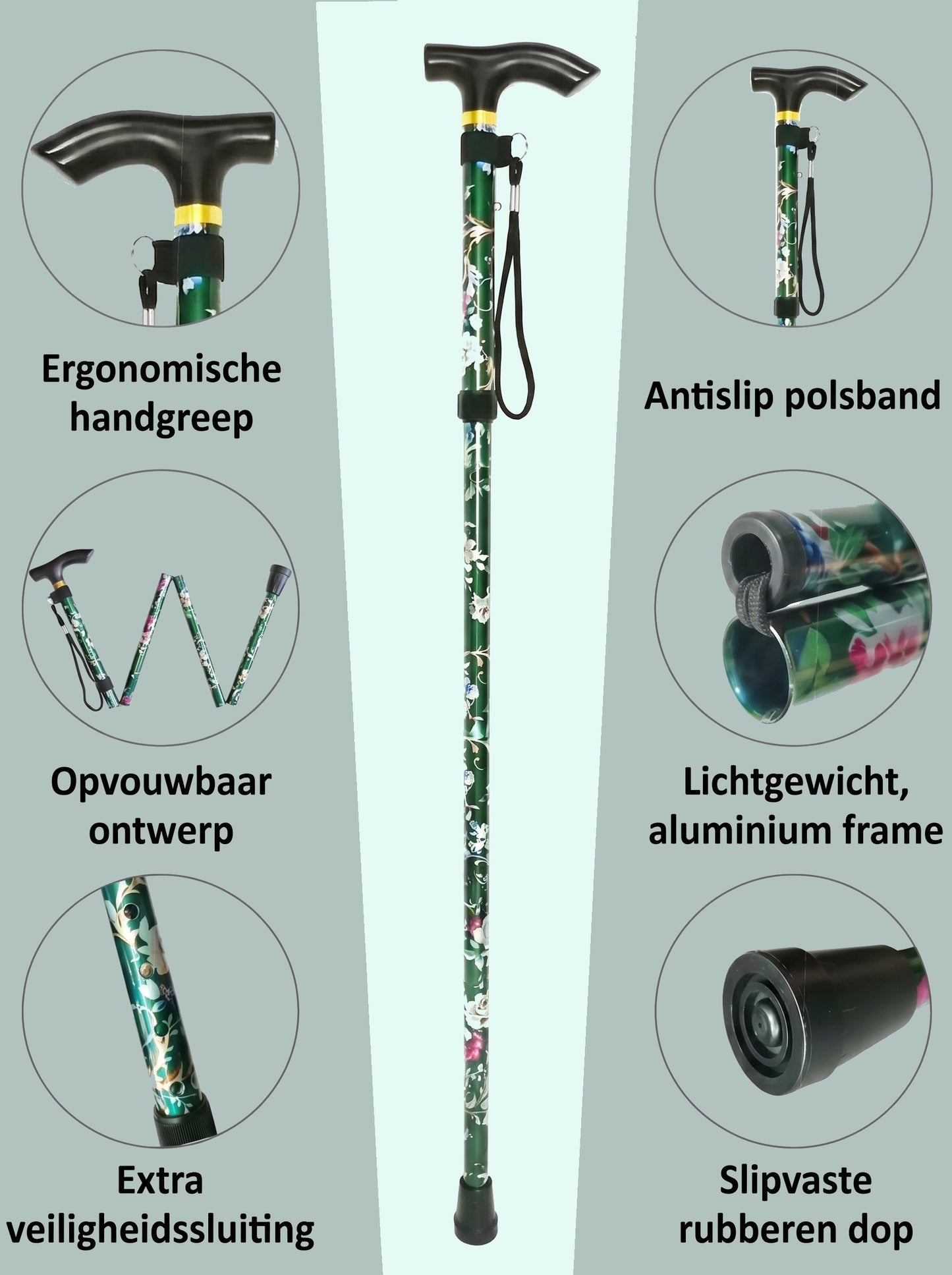 Luxe Opvouwbare Wandelstok "Groene Bloemen" - Verstelbaar & Lichtgewicht Aluminium