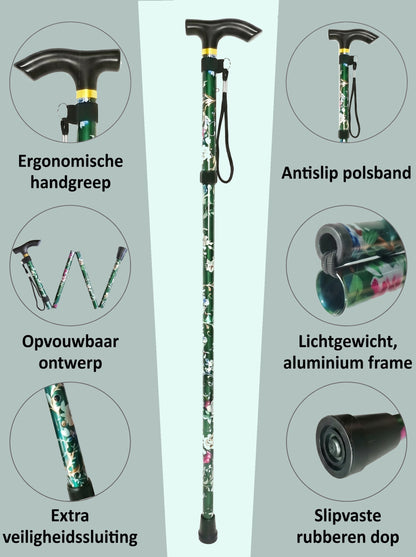 Luxe Opvouwbare Wandelstok "Groene Bloemen" - Verstelbaar & Lichtgewicht Aluminium