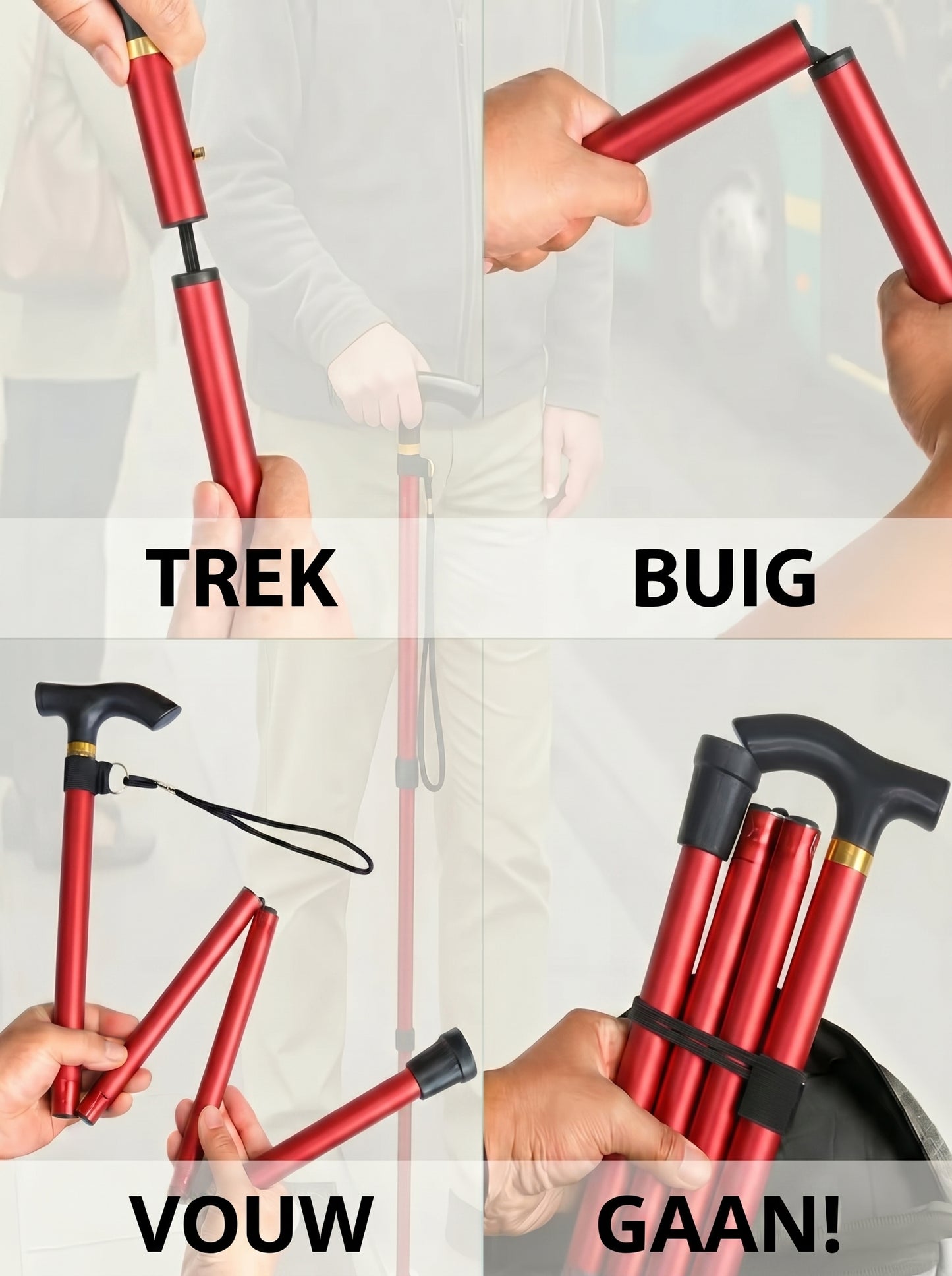 Luxe Opvouwbare Wandelstok "Elegant Rood" - Verstelbaar & Lichtgewicht Aluminium