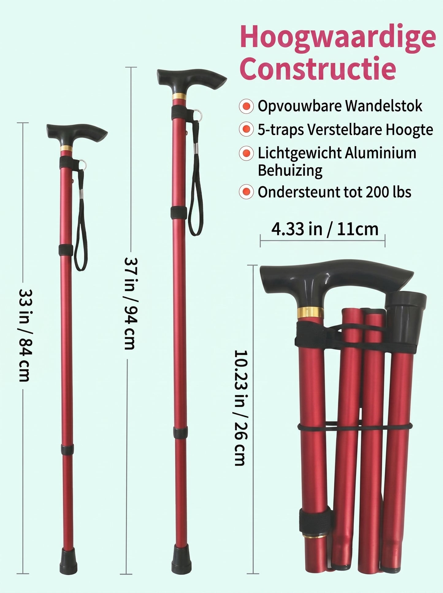 Luxe Opvouwbare Wandelstok "Elegant Rood" - Verstelbaar & Lichtgewicht Aluminium