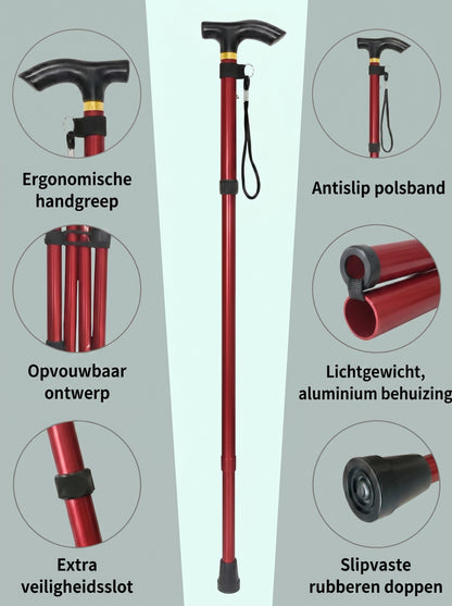 Luxe Opvouwbare Wandelstok "Elegant Rood" - Verstelbaar & Lichtgewicht Aluminium