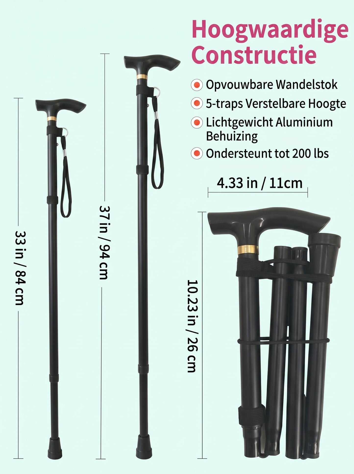 Luxe Opvouwbare Wandelstok "Elegant Zwart" - Verstelbaar & Lichtgewicht Aluminium