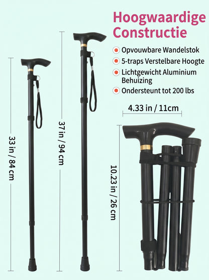 Luxe Opvouwbare Wandelstok "Elegant Zwart" - Verstelbaar & Lichtgewicht Aluminium