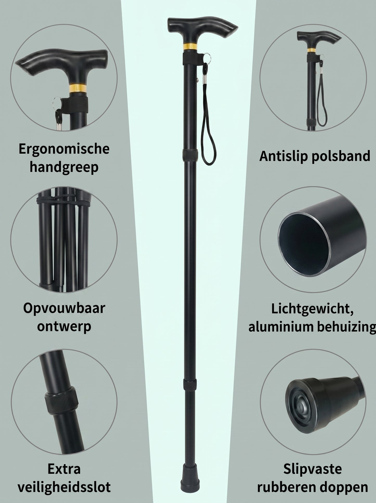 Luxe Opvouwbare Wandelstok "Elegant Zwart" - Verstelbaar & Lichtgewicht Aluminium
