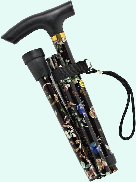 Luxe Opvouwbare Wandelstok "Zwarte Bloemen" - Verstelbaar & Lichtgewicht Aluminium