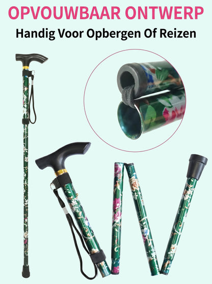 Luxe Opvouwbare Wandelstok "Groene Bloemen" - Verstelbaar & Lichtgewicht Aluminium