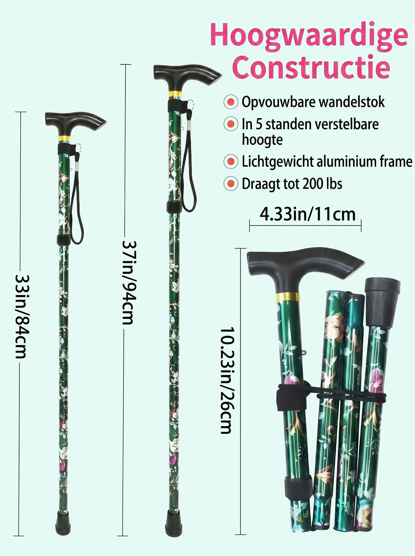 Luxe Opvouwbare Wandelstok "Groene Bloemen" - Verstelbaar & Lichtgewicht Aluminium