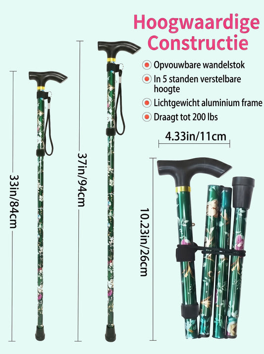 Luxury Folding Walking Cane "Green Flowers" - Adjustable & Lightweight Aluminum