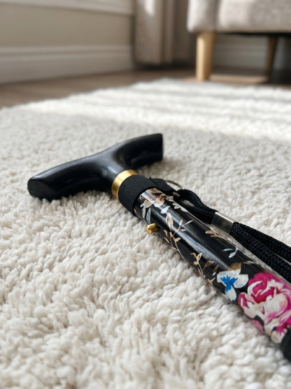 Luxury Folding Walking Cane "Black Flowers" - Adjustable & Lightweight Aluminum