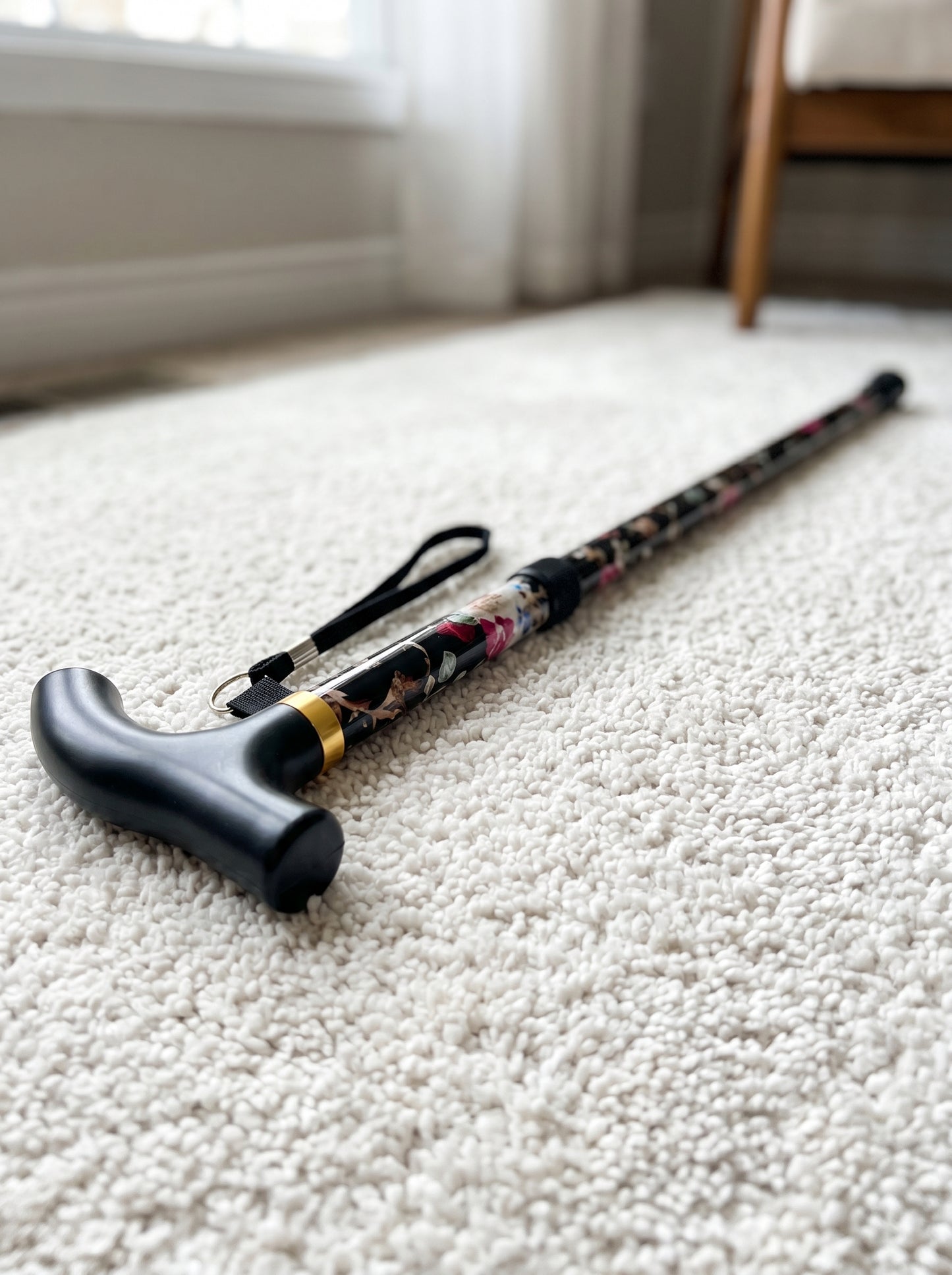 Luxury Folding Walking Cane "Black Flowers" - Adjustable & Lightweight Aluminum