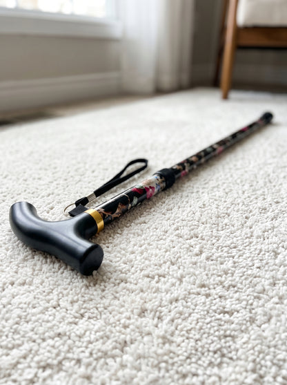 Luxury Folding Walking Cane "Black Flowers" - Adjustable & Lightweight Aluminum