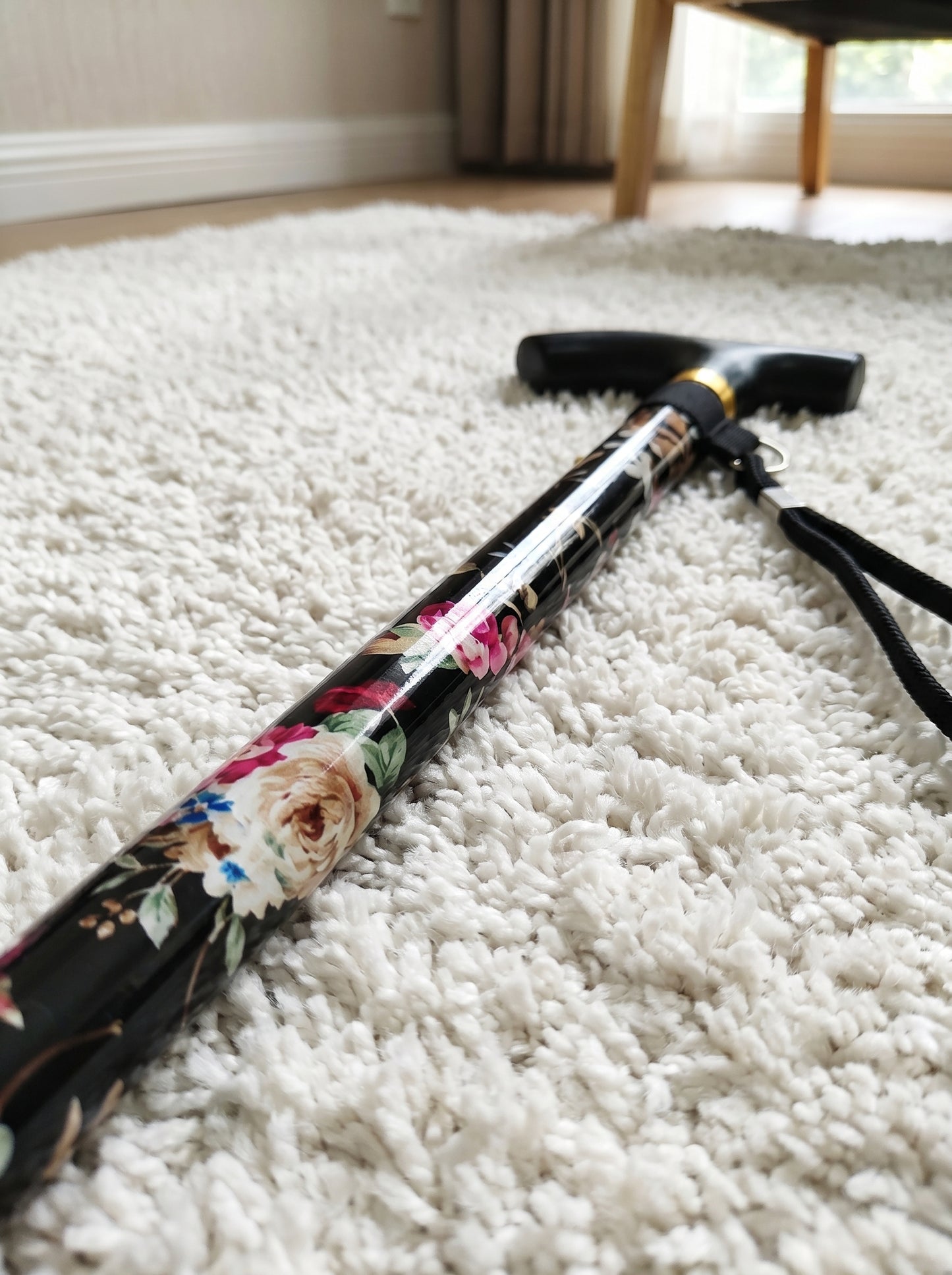 Luxury Folding Walking Cane "Black Flowers" - Adjustable & Lightweight Aluminum