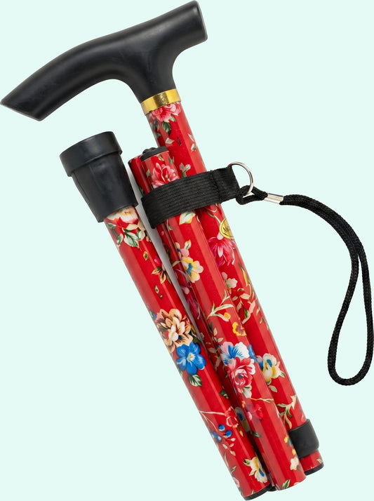 Luxe Opvouwbare Wandelstok "Rode Bloemen" - Verstelbaar & Lichtgewicht Aluminium