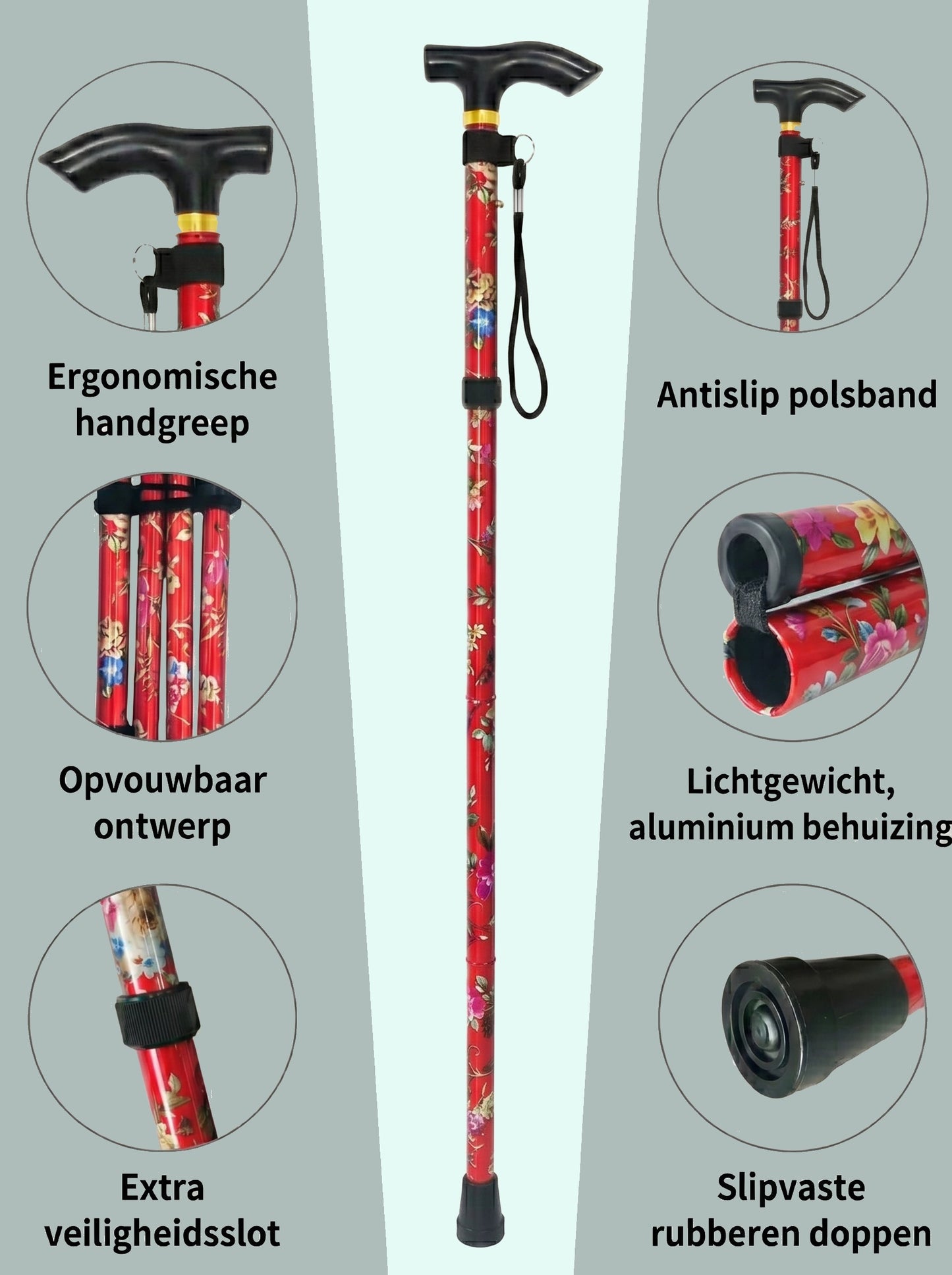 Luxury Folding Walking Cane "Red Flowers" - Adjustable & Lightweight Aluminum
