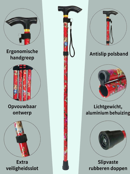 Luxury Folding Walking Cane "Red Flowers" - Adjustable & Lightweight Aluminum