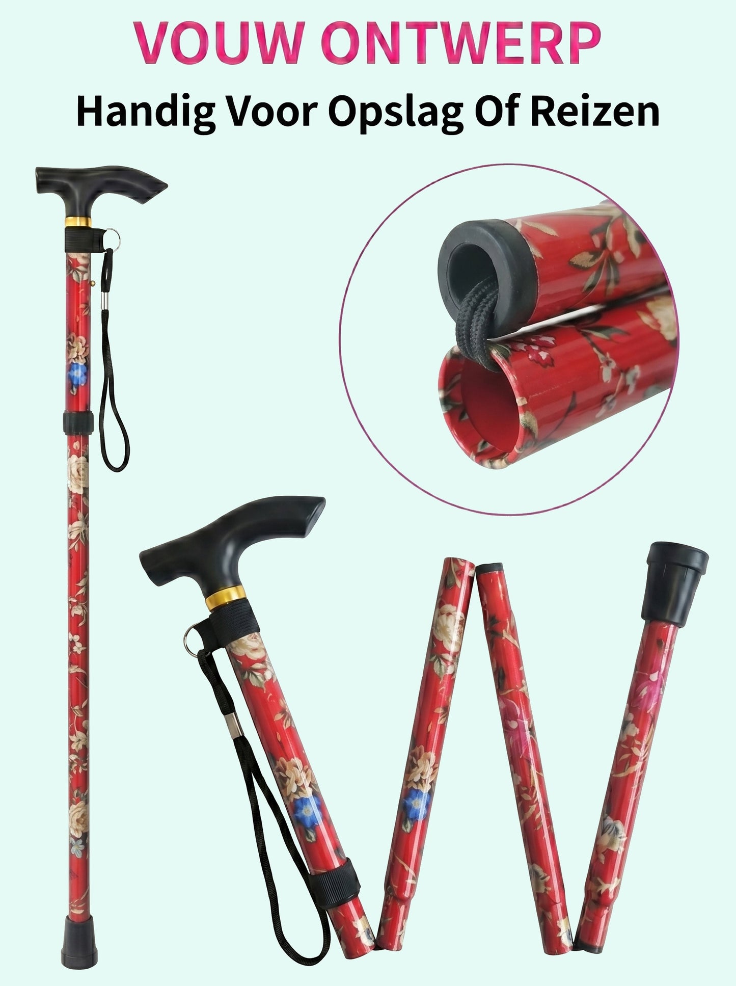 Luxury Folding Walking Cane "Red Flowers" - Adjustable & Lightweight Aluminum