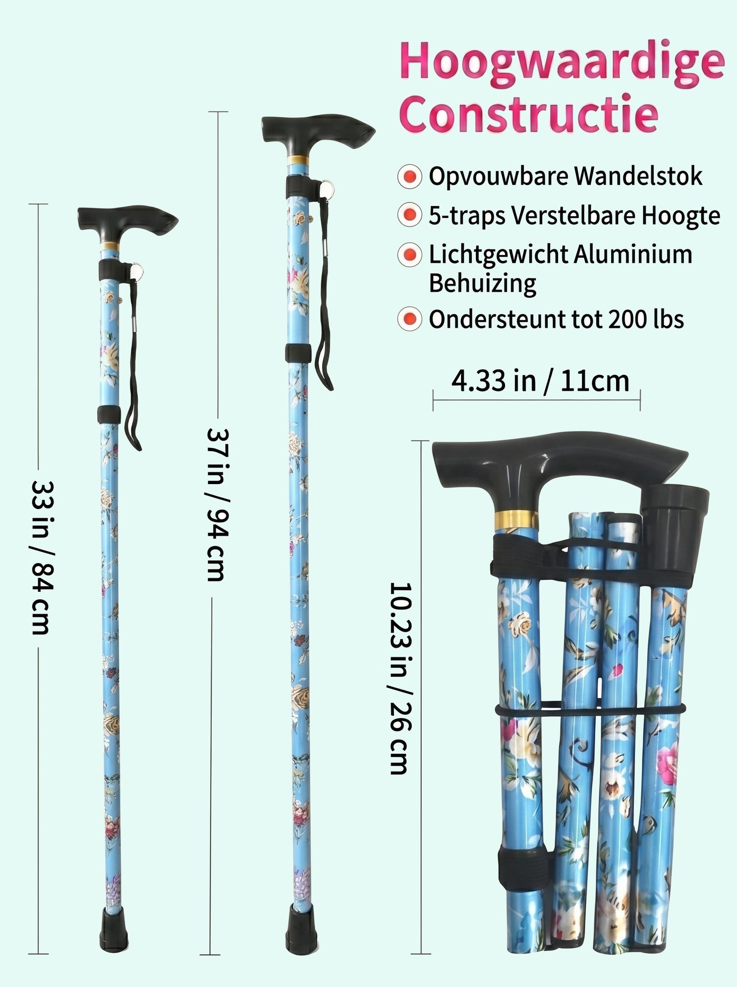 Luxury Folding Walking Cane "Blue Flowers" - Adjustable & Lightweight Aluminum