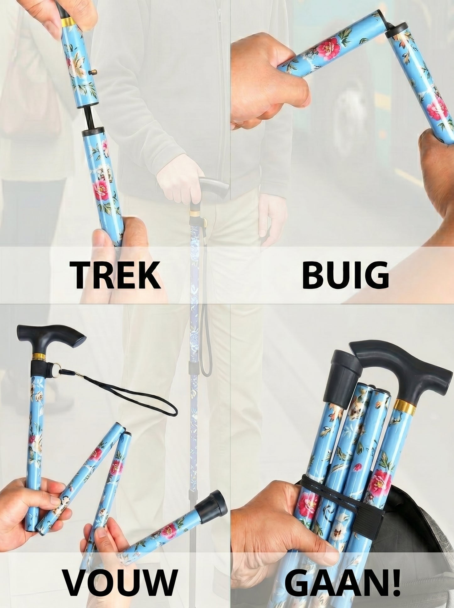 Luxury Folding Walking Cane "Blue Flowers" - Adjustable & Lightweight Aluminum