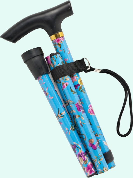 Luxe Opvouwbare Wandelstok "Blauwe Bloemen" – Verstelbaar & Lichtgewicht Aluminium