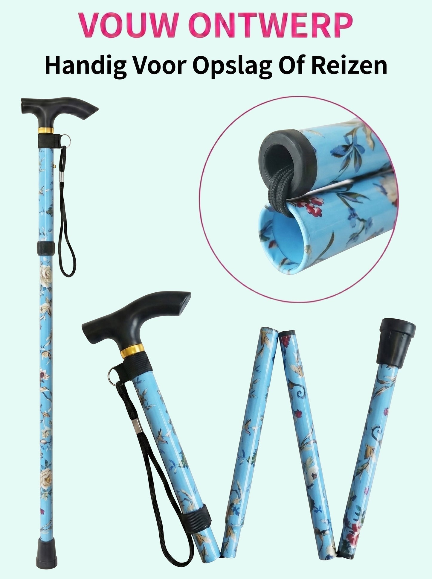 Luxury Folding Walking Cane "Blue Flowers" - Adjustable & Lightweight Aluminum