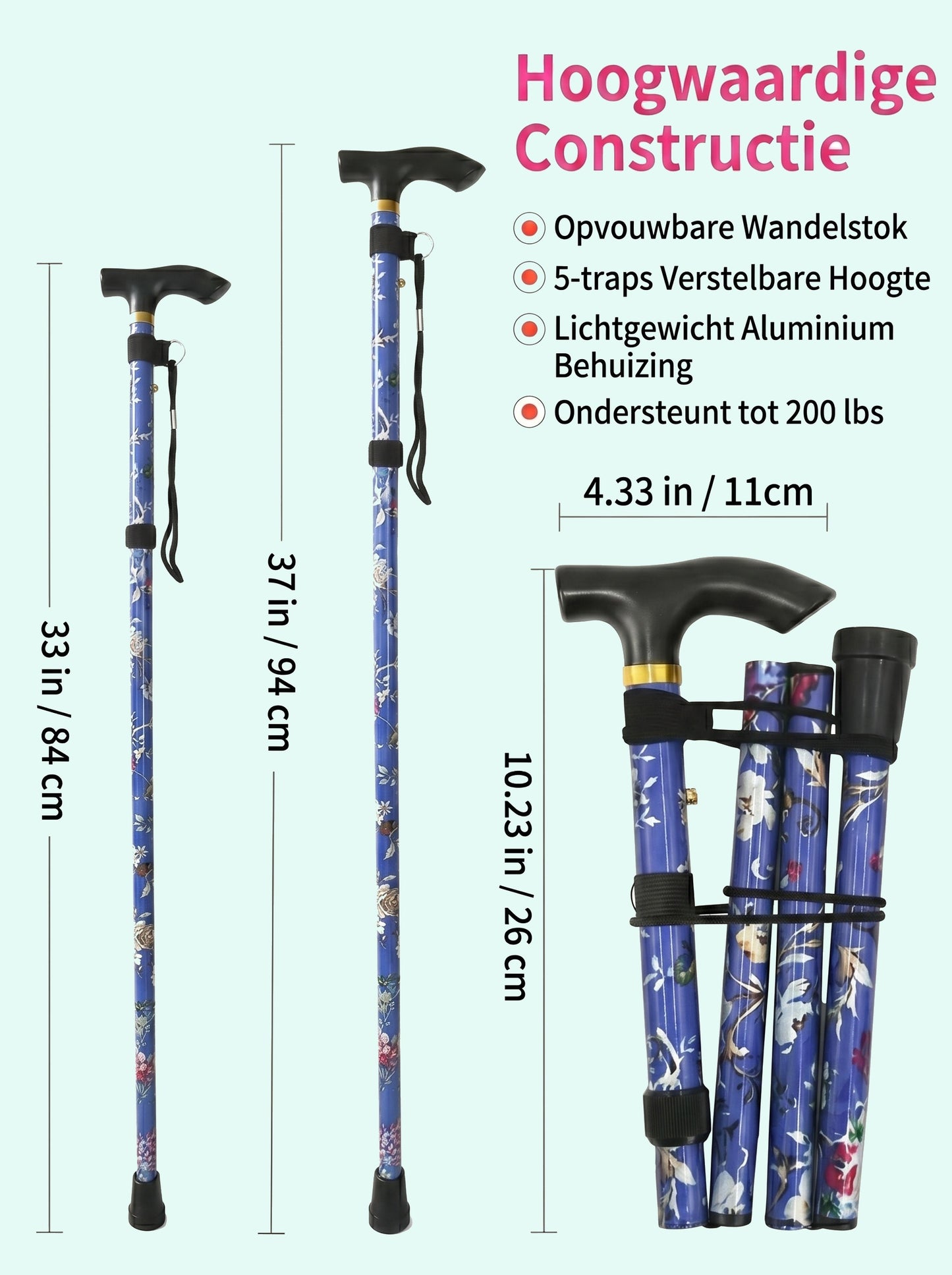 Luxe Opvouwbare Wandelstok "Blauwe Bloemen" - Verstelbaar & Lichtgewicht Aluminium