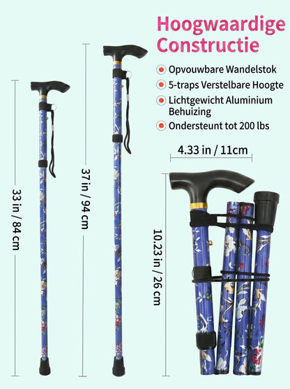 Luxe Opvouwbare Wandelstok "Blauwe Bloemen" - Verstelbaar & Lichtgewicht Aluminium