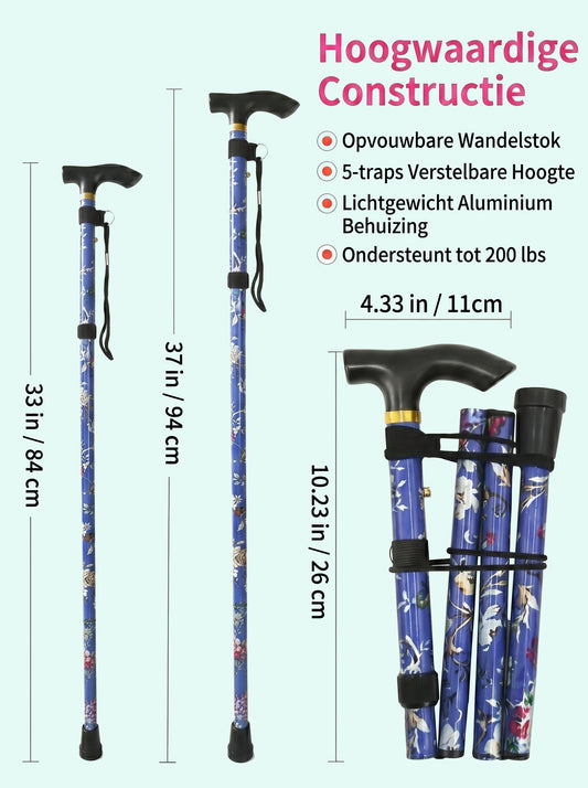 Luxury Folding Walking Cane "Dark Blue Flowers" - Adjustable & Lightweight Aluminum