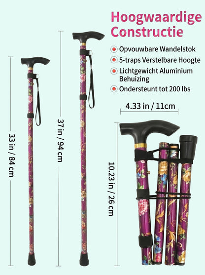 Luxury Folding Walking Cane "Purple Flowers" - Adjustable & Lightweight Aluminum
