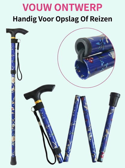 Luxe Opvouwbare Wandelstok "Blauwe Bloemen" - Verstelbaar & Lichtgewicht Aluminium