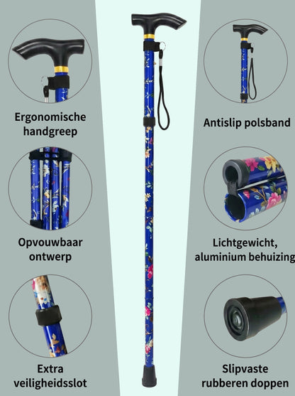 Luxe Opvouwbare Wandelstok "Blauwe Bloemen" - Verstelbaar & Lichtgewicht Aluminium