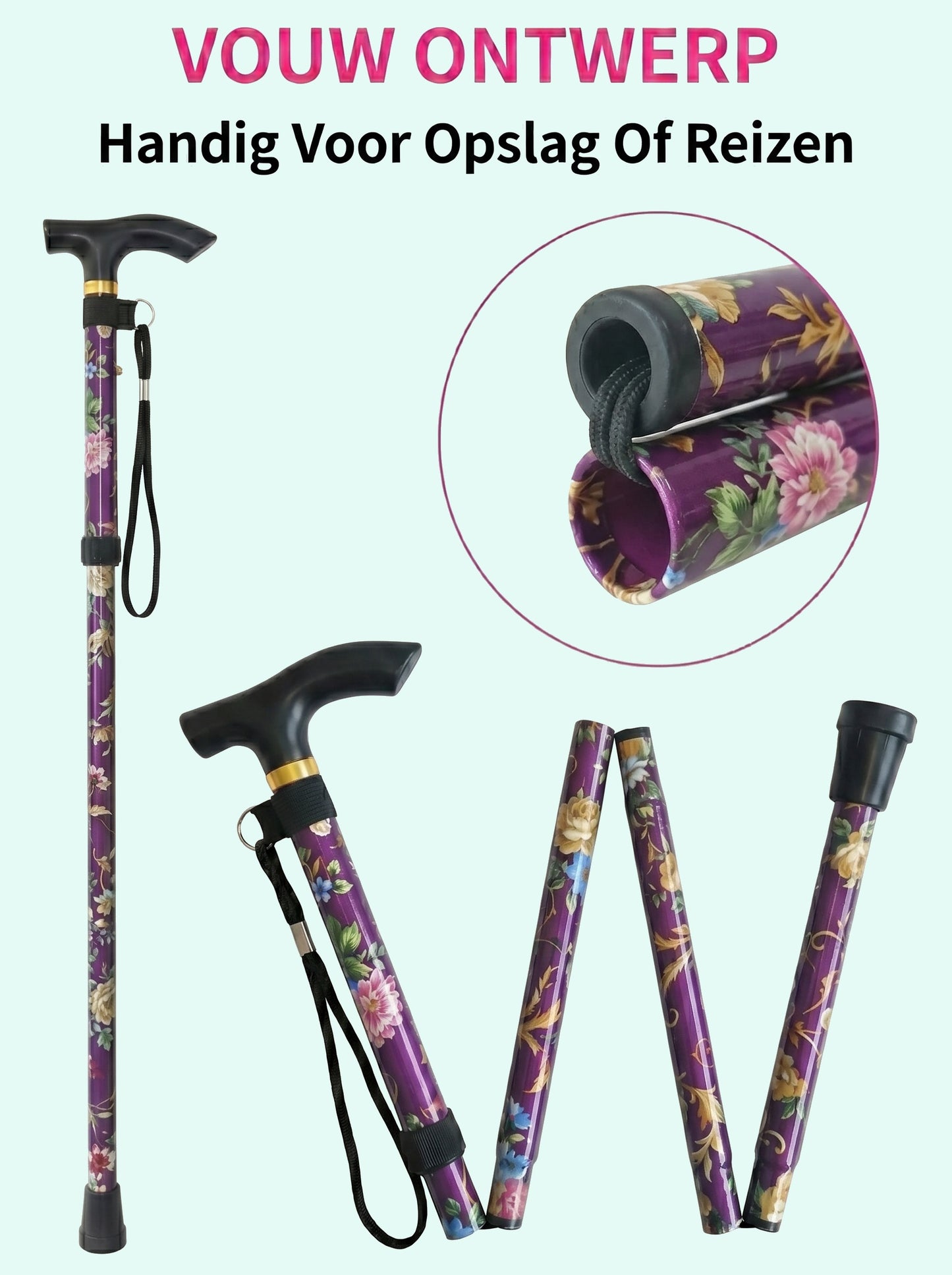 Luxury Folding Walking Cane "Purple Flowers" - Adjustable & Lightweight Aluminum