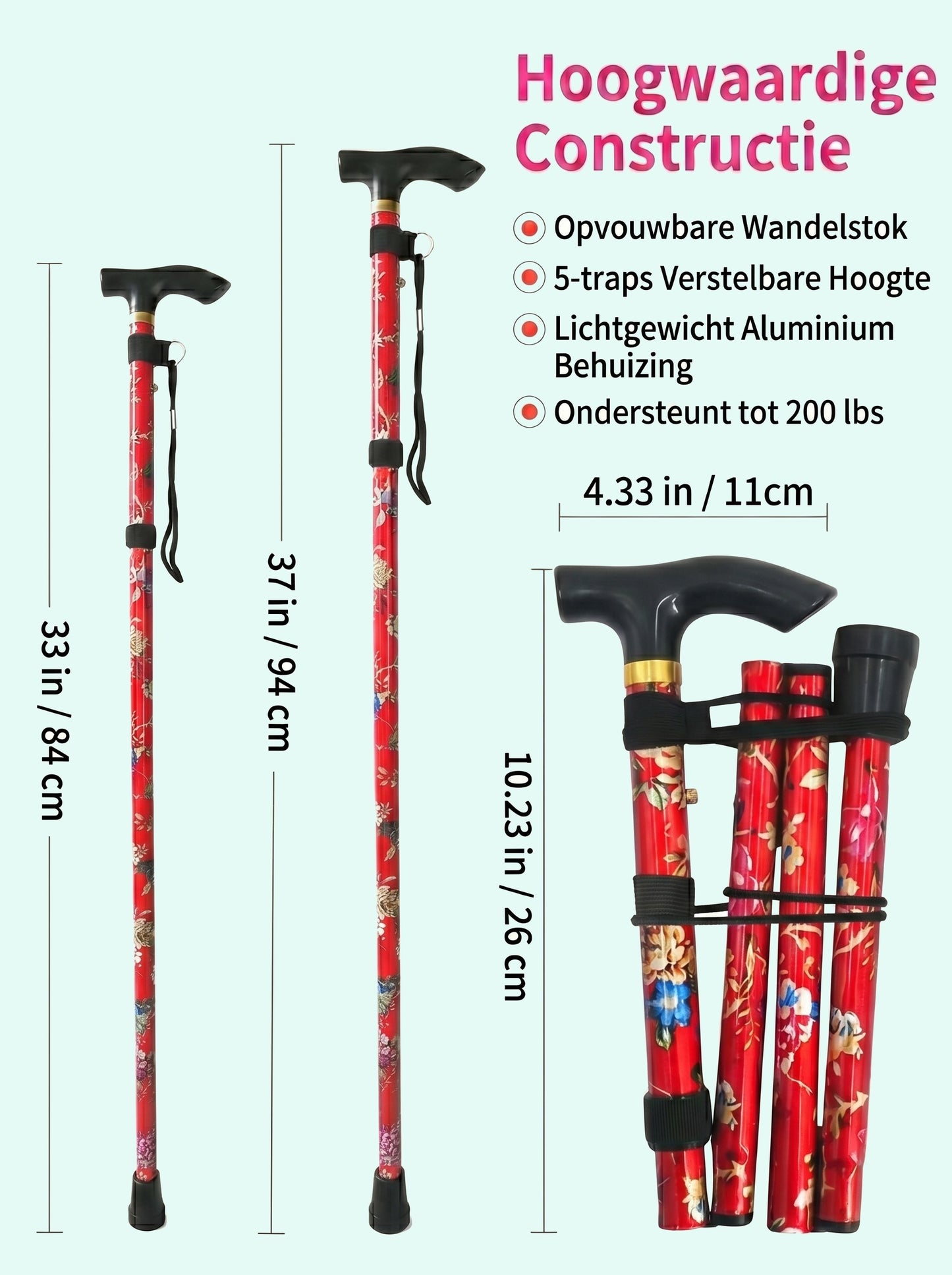 Luxury Folding Walking Cane "Red Flowers" - Adjustable & Lightweight Aluminum