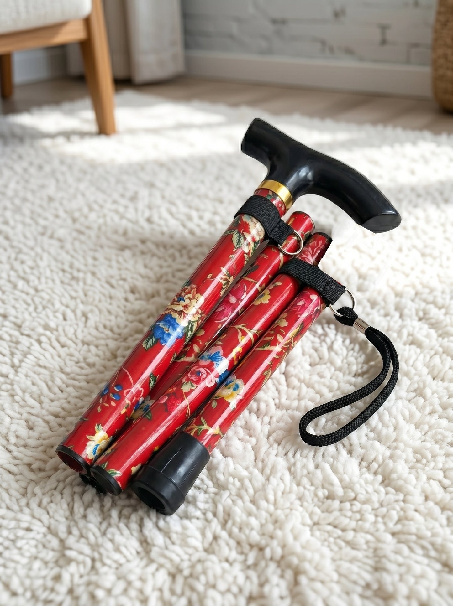 Luxury Folding Walking Cane "Red Flowers" - Adjustable & Lightweight Aluminum