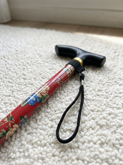 Luxury Folding Walking Cane "Red Flowers" - Adjustable & Lightweight Aluminum