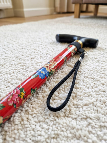 Luxury Folding Walking Cane "Red Flowers" - Adjustable & Lightweight Aluminum