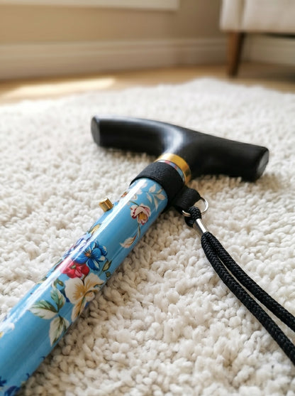 Luxury Folding Walking Cane "Blue Flowers" - Adjustable & Lightweight Aluminum