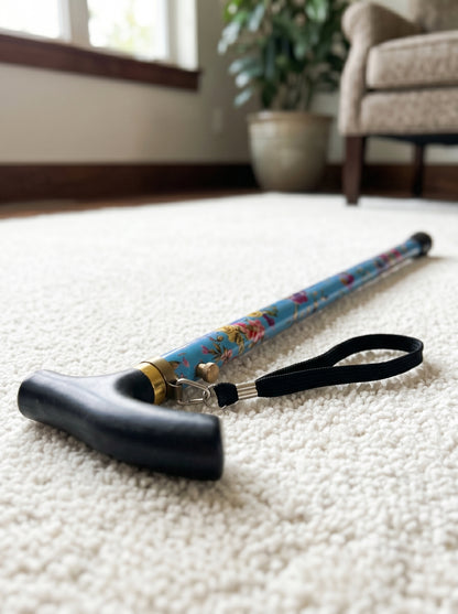 Luxury Folding Walking Cane "Blue Flowers" - Adjustable & Lightweight Aluminum